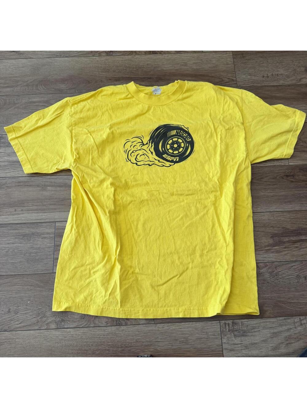 NASCAR ESPN Racing T Shirt Mens XL Yellow Burnout Tire Y2k